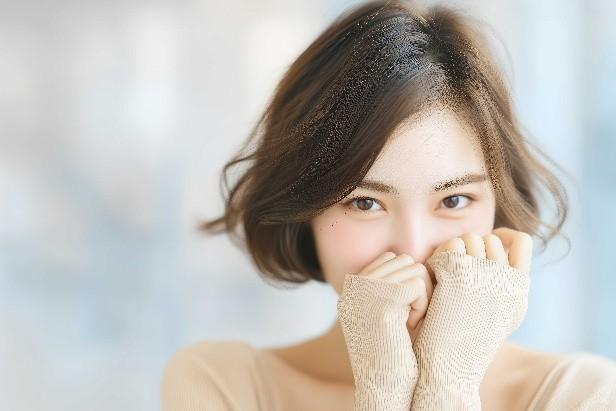 手を顔にあてる女性の画像